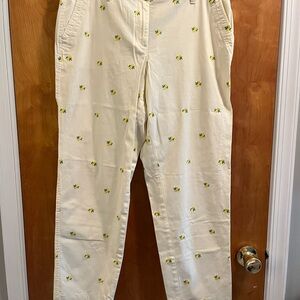 Talbots Cream Ankle Pants with Yellow Floral Embroidery